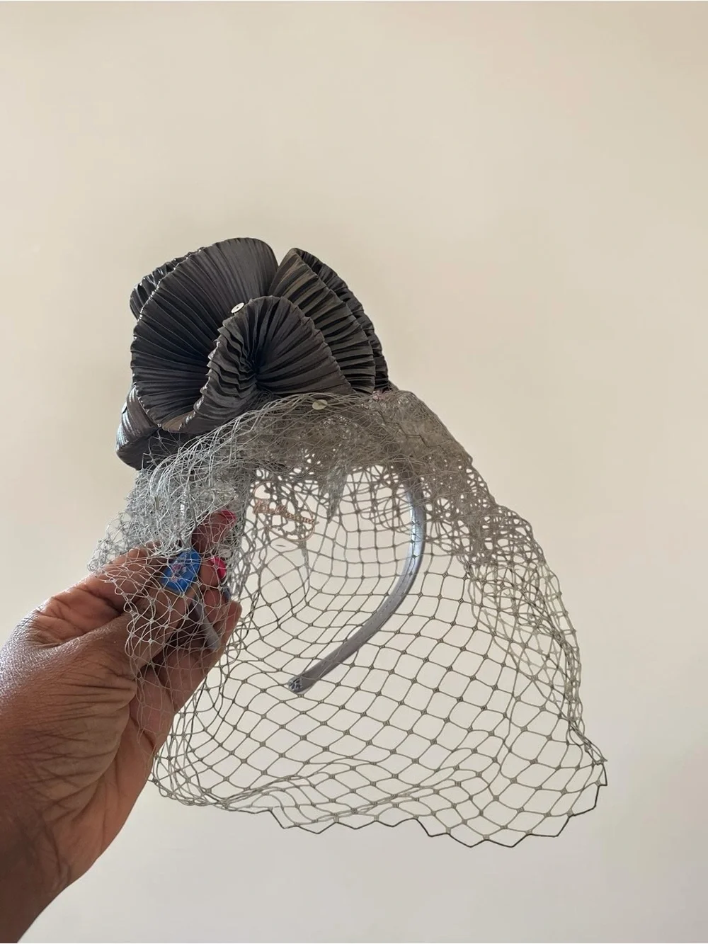 Bellissima Grey Pleated Satin Fascinator Headband with Birdcage Veil